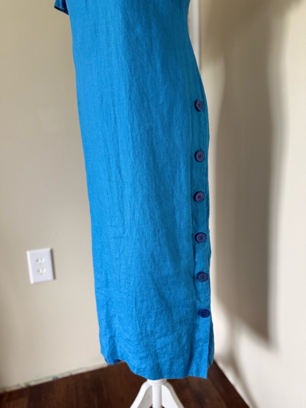 Vintage 90s Talbots Blue Short-Sleeve Midi Dress Side Button Slit Irish Linen - Picture 4 of 11
